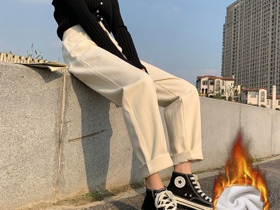 淘宝链接秋冬高腰加绒米白色牛仔裤女宽松直筒显瘦2020年新款萝卜老爹裤子Hình1