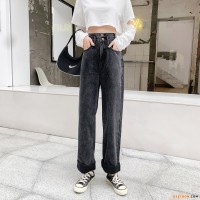 高腰灰色阔腿牛仔裤女宽松显瘦春季2021新款垂感拖地裤子