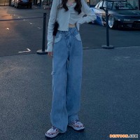 淘宝链接不规则高腰膝盖破洞阔腿牛仔裤女宽松显瘦2020秋季新款韩版阔腿裤