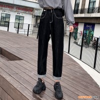 深色哈伦牛仔裤女秋季2020新款高腰宽松原色直筒超显瘦萝卜老爹裤