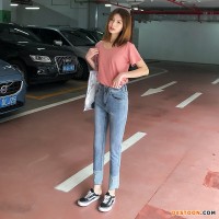 复古拼接九分裤弹力修身小脚裤