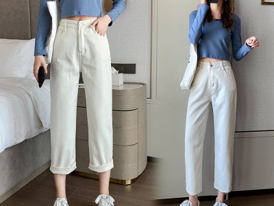 淘宝链接实拍限价69，2021春款韩版高腰女松紧腰宽松直筒牛仔裤小个子Hình1