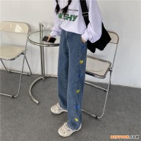 淘宝链接非实拍爱心刺绣高腰显瘦牛仔裤女百搭韩版新款宽松直筒阔腿裤