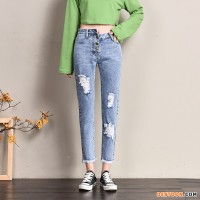 淘宝链接2021年春季新款直筒牛仔裤女排扣破洞九分乞丐裤修身 风格2