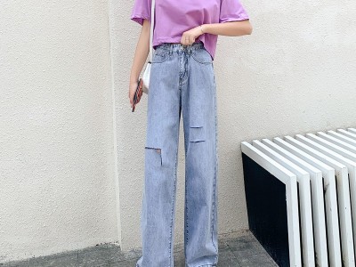 淘宝链接阔腿牛仔裤女ins潮2020年新款高腰显瘦宽松直筒垂感小个子破洞裤Hình1