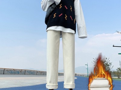 淘宝链接高腰加绒米白色阔腿牛仔裤女宽松直筒显瘦2020年新款萝卜老爹裤子Hình1