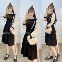Đầm suông tay dài phối màu trẻ trung, ĐẦM TAY PHỐI VIỀN CỔ